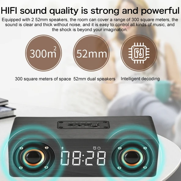 M5 Ahşap Bluetooth 4.2 Subwoofer Hoparlör Siyah TF Kart AUX FM Destekli - 6