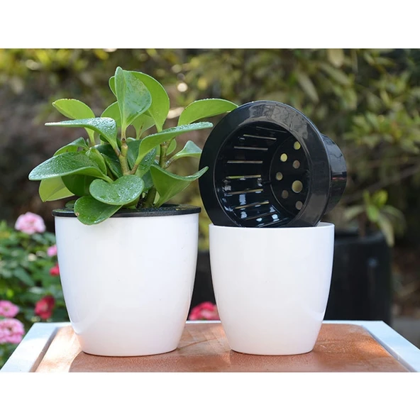 Otomatik Su Emici Çift Katmanlı Plastik Saksı Beyaz 11cm Çap 10.3cm Yükseklik - 7