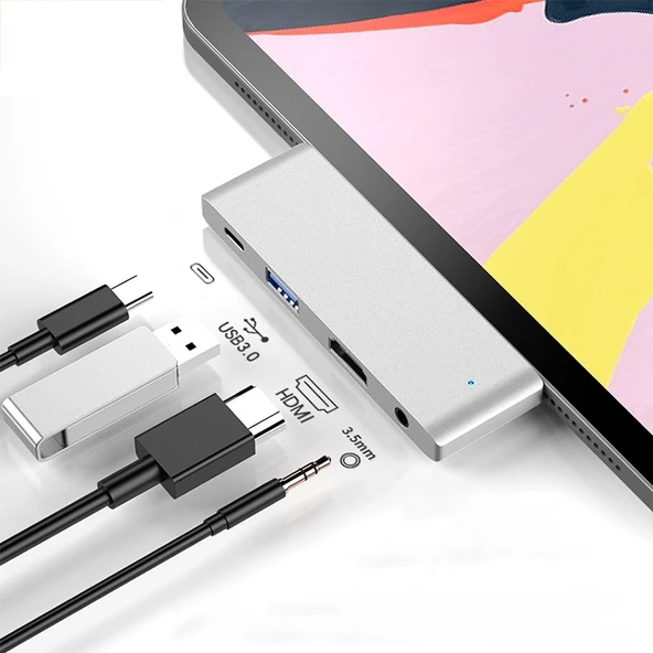 HW TC29 4 in 1 Çok Fonksiyonlu Type C USB C Uzatma HUB Adaptörü iPad Pro için Gri - 5