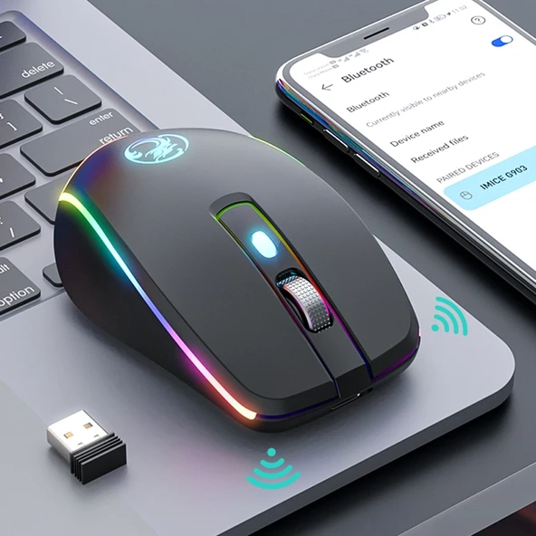 iMICE G903 Bluetooth Çift Mod 6 Tuşlu Sessiz Kablosuz Oyun Mouse Gri - 3