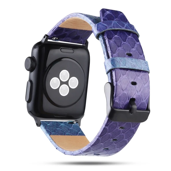 Apple Watch Deri Kordon Yılan Derisi Desenli Mor 42mm 44mm 45mm - 1