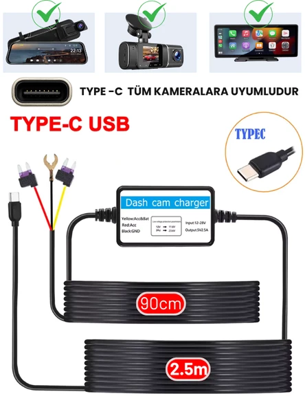 Park Modu Kablosu USB Type-C Akü Sigorta Bağlantı Kablosu Araç İçi Kamera Kiti Tüm Kameralara Uyumlu