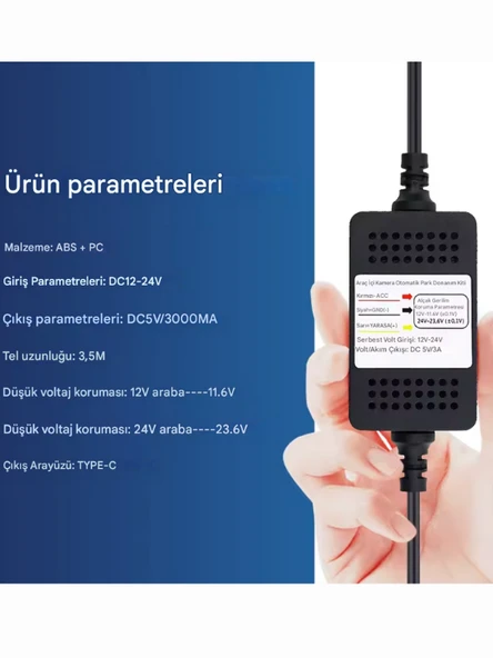 Park Modu Kablosu USB Type-C Akü Sigorta Bağlantı Kablosu Araç İçi Kamera Kiti Tüm Kameralara Uyumlu - 7