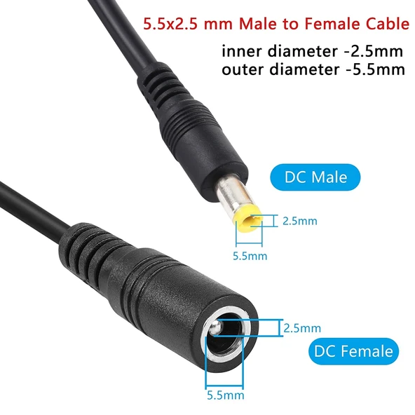 8A 5.5 x 2.5mm Dişi Erkek DC Güç Uzatma Kablosu 1.5 Metre Siyah - 5