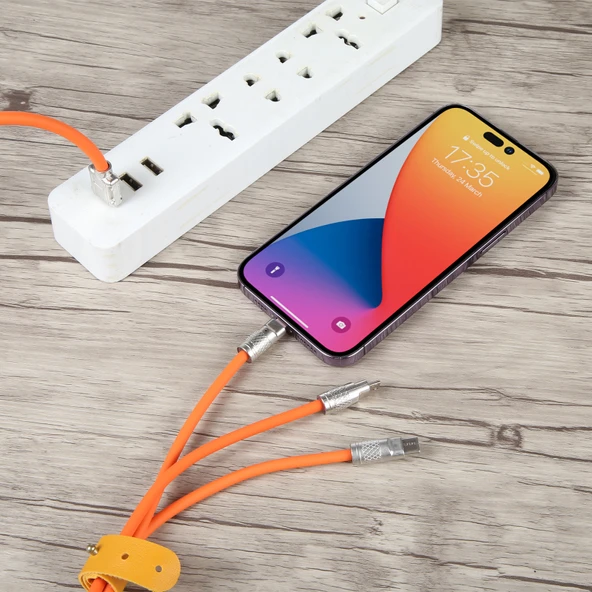 Mech Serisi 6A 120W 3 in 1 Metal Uçlu Silikon Hızlı Şarj Data Kablosu 1.2m Turuncu - 6