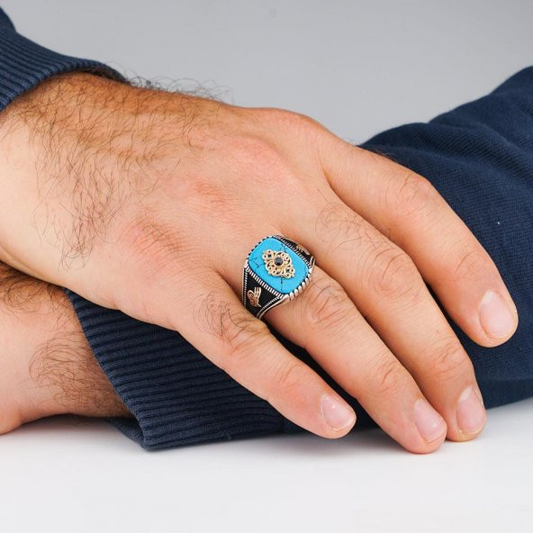 Osmanlı Tuğra Tasarımlı İşlemeli Mavi Turkuaz Taşlı 925 Ayar Gümüş Erkek Yüzük - Resim 2