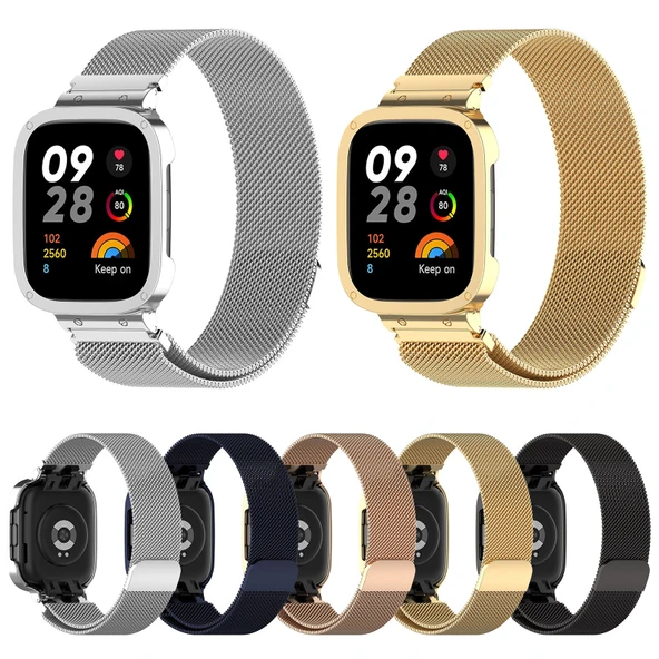 Xiaomi Redmi Watch 3 ve Mi Watch Lite 3 Uyumlu Siyah Milan Metal Saat Kordonu ve Çerçevesi - 4