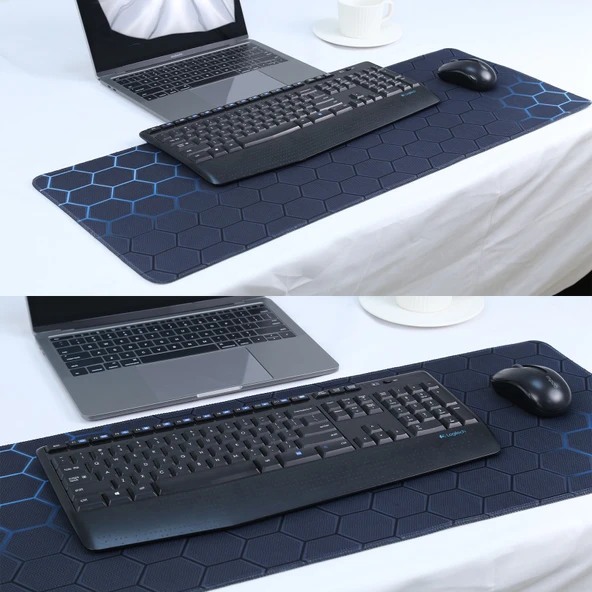 Kaymaz Kauçuk Kumaş Yüzeyli Oyun Mouse Matı Klavye Pedi 80x30x02 cm Mavi Petek Desenli - 7