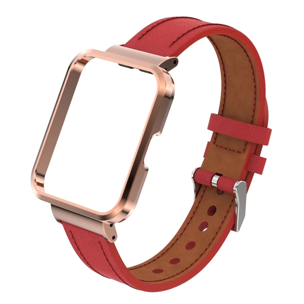 Xiaomi Mi Watch Lite Redmi Watch Kırmızı Hakiki Deri Metal Kasa Entegre Saat Kayışı - 2
