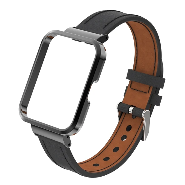 Xiaomi Mi Watch Lite Redmi Watch Siyah Hakiki Deri Metal Kasa Entegre Saat Kayışı - 2