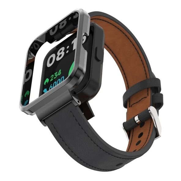 Xiaomi Mi Watch Lite Redmi Watch Siyah Hakiki Deri Metal Kasa Entegre Saat Kayışı - 3
