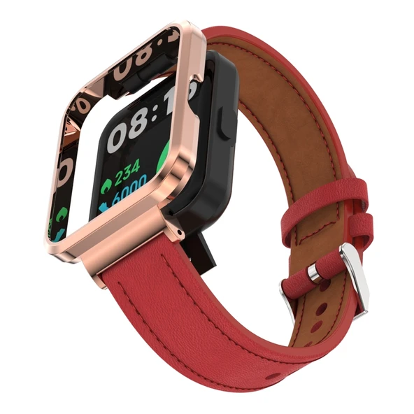 Xiaomi Mi Watch Lite Redmi Watch Kırmızı Hakiki Deri Metal Kasa Entegre Saat Kayışı - 3