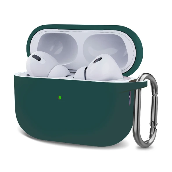 AirPods Pro 2 Uyumlu Kanca Detaylı Koyu Yeşil Silikon Kulaklık Koruyucu Kılıf - 1