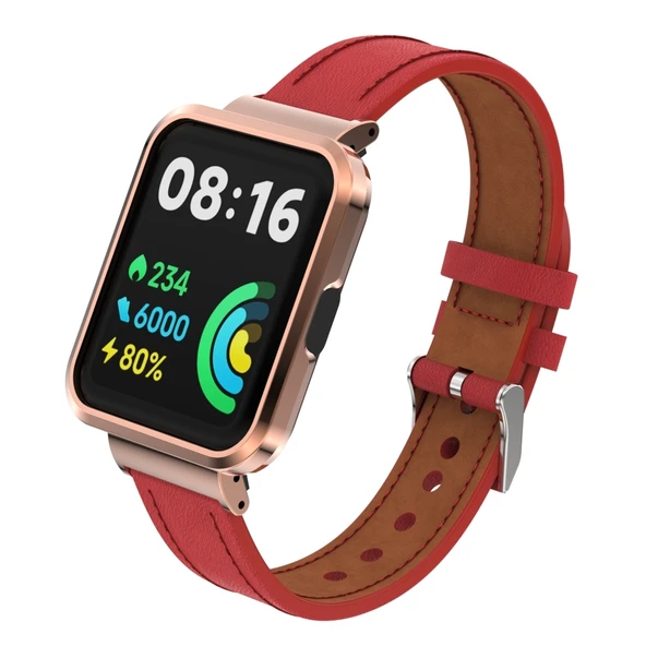 Xiaomi Mi Watch Lite Redmi Watch Kırmızı Hakiki Deri Metal Kasa Entegre Saat Kayışı