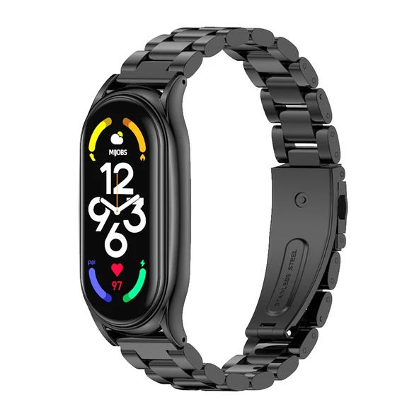 Xiaomi Mi Band 7 ve 7 NFC Uyumlu MIJOBS Üç Boncuklu Siyah Paslanmaz Çelik Saat Kayışı