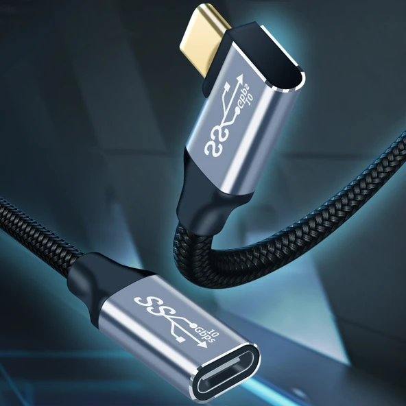 2 Metre 10Gbps USB C Dişi Erkek Dirsekli Şarj ve Data Uzatma Kablosu - 2