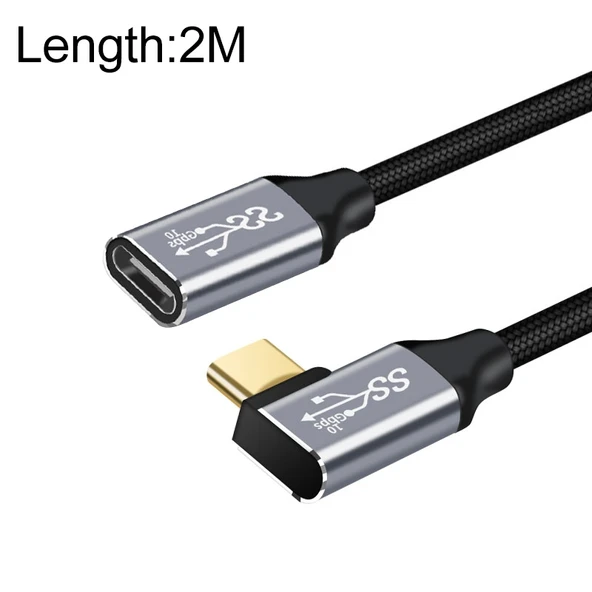 2 Metre 10Gbps USB C Dişi Erkek Dirsekli Şarj ve Data Uzatma Kablosu