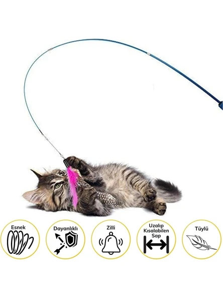 Teleskopik Tüylü ve Çanlı Boyu Ayarlanabilir Elastik Eğlenceli Peluş Kedi Oyun Oltası - 4