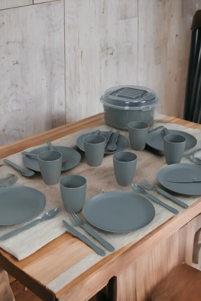 İronika 6 Kişilik 32 Parça Piknik Seti Plastik Bardak Çatal Kaşık Bıçak Yemek Kahvaltı Takımı-Gri - 3