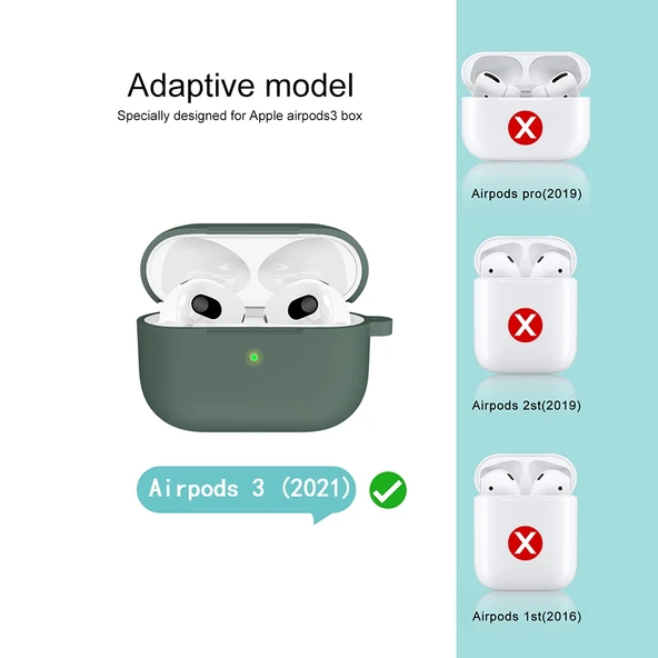 Kalın Silikon Yuvarlak Tabanlı Kulaklık Koruyucu Kılıf Kancalı AirPods 3 Zeytin Yeşili - 5