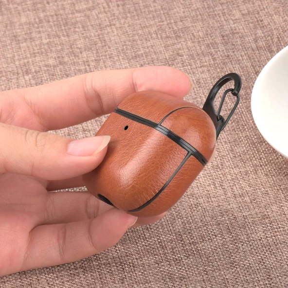 Apple AirPods Pro Kablosuz Kulaklık İçin Koyu Kahverengi Deri Koruyucu Kılıf ve Kanca - 3