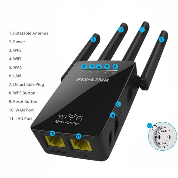 Kablosuz Akıllı WiFi Router Tekrarlayıcı 4 Antenli Siyah UK Priz - 6