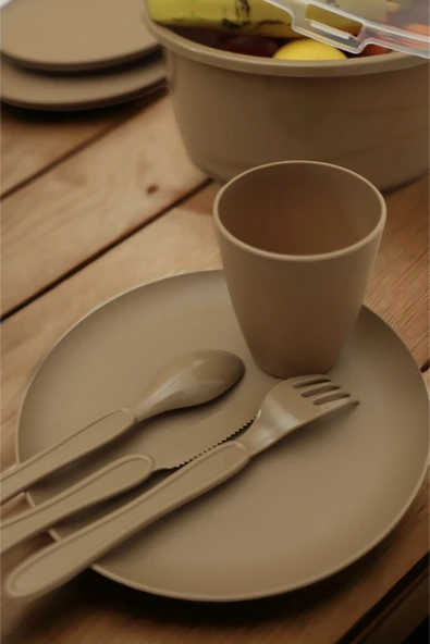 İronika 6 Kişilik 32 Parça Piknik Seti Plastik Bardak Çatal Kaşık Bıçak Yemek Kahvaltı Takımı-Kahverengi - 2