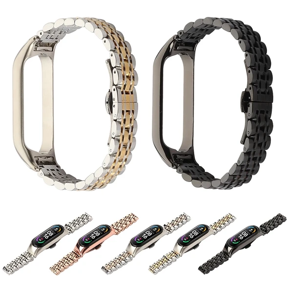 Xiaomi Mi Band 6 5 Uyumlu Yedi Boncuklu Paslanmaz Çelik Saat Kayışı Gümüş Rose Gold - 8