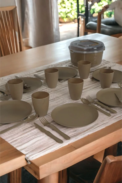 İronika 6 Kişilik 32 Parça Piknik Seti Plastik Bardak Çatal Kaşık Bıçak Yemek Kahvaltı Takımı-Kahverengi - 3