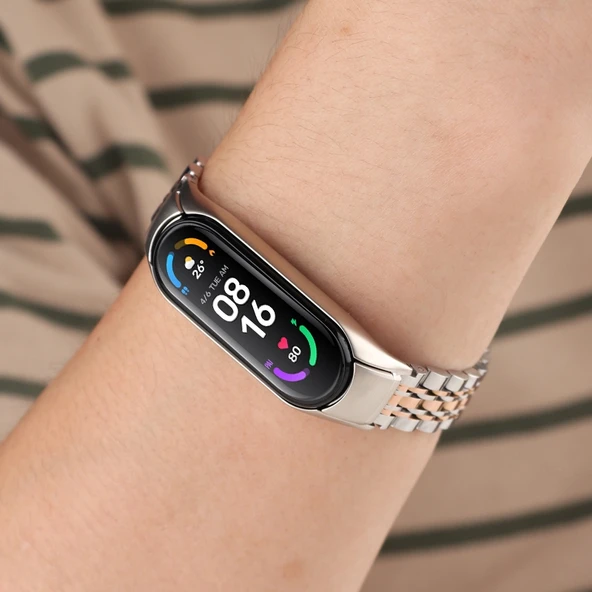Xiaomi Mi Band 6 5 Uyumlu Yedi Boncuklu Paslanmaz Çelik Saat Kayışı Gümüş Rose Gold - 6