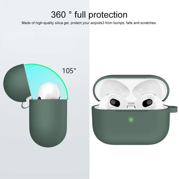 Kalın Silikon Yuvarlak Tabanlı Kulaklık Koruyucu Kılıf Kancalı AirPods 3 Zeytin Yeşili - 2
