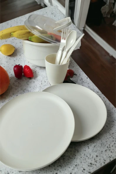 İronika 6 Kişilik 32 Parça Piknik Seti Plastik Bardak Çatal Kaşık Bıçak Yemek Kahvaltı Takımı-Krem - 2