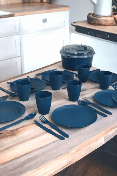İronika 6 Kişilik 32 Parça Piknik Seti Plastik Bardak Çatal Kaşık Bıçak Yemek Kahvaltı Takımı-Lacivert - 3
