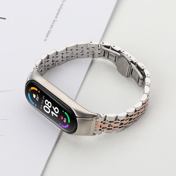 Xiaomi Mi Band 6 5 Uyumlu Yedi Boncuklu Paslanmaz Çelik Saat Kayışı Gümüş Rose Gold - 4
