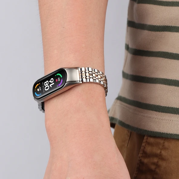 Xiaomi Mi Band 6 5 Uyumlu Yedi Boncuklu Paslanmaz Çelik Saat Kayışı Gümüş Rose Gold - 7