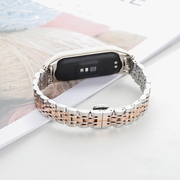 Xiaomi Mi Band 6 5 Uyumlu Yedi Boncuklu Paslanmaz Çelik Saat Kayışı Gümüş Rose Gold - 5