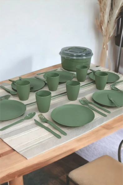 İronika 6 Kişilik 32 Parça Piknik Seti Plastik Bardak Çatal Kaşık Bıçak Yemek Kahvaltı Takımı-Yeşil - 3