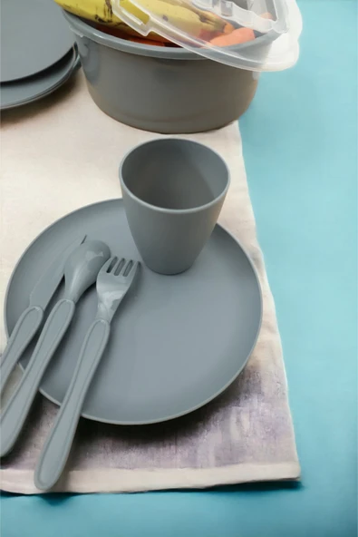 İronika 6 Kişilik 32 Parça Piknik Seti Plastik Bardak Çatal Kaşık Bıçak Yemek Kahvaltı Takımı-Gri - 2