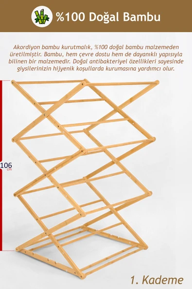 İronika Bambu Katlanabilir 3 Katlı Çamaşır Kurutmalık Bambu Ahşap Çamaşır Kurutma Askısı - 2