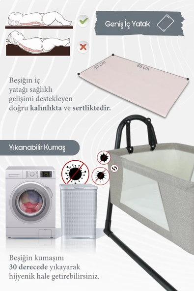 Perilla Sallanır Portatif Cibinlikli Anne Yanı Bebek Beşik Kahverengi - 4
