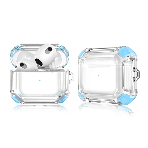 AirPods 3 Uyumlu Gökyüzü Mavisi İki Renkli Şeffaf PC Kulaklık Koruyucu Kılıf Askılı - 6
