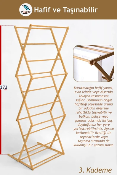 İronika Bambu Katlanabilir 3 Katlı Çamaşır Kurutmalık Bambu Ahşap Çamaşır Kurutma Askısı - 4