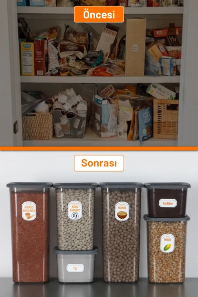 İronika 6'lı Sızdırmaz Silikon Kapaklı Etiketli Jumbo Boy 1900 ml Kare Erzak Bakliyat Saklama Kabı Antrasit - 3