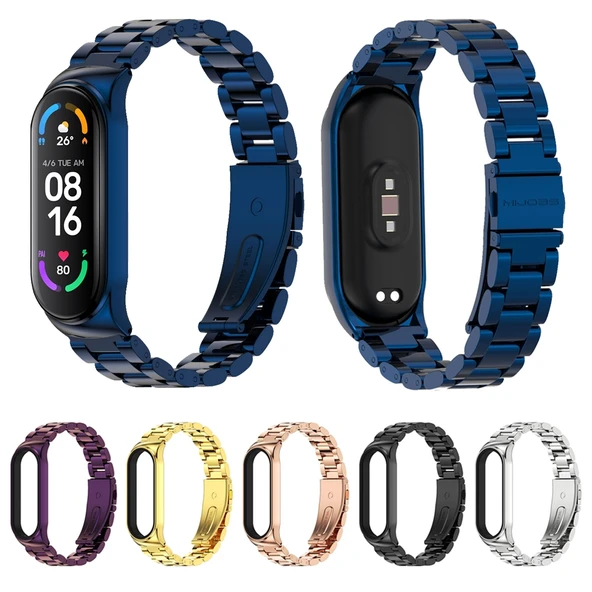 Xiaomi Mi Band 6 5 4 3 Uyumlu Mijobs CS Metal Üç Boncuklu Paslanmaz Çelik Saat Kayışı Gümüş - 8