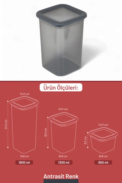 İronika 3'lü Sızdırmaz Silikon Kapaklı Etiketli Kare Erzak Bakliyat Saklama Kabı Antrasit 1900-1300-650 ml - 6