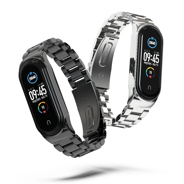 Xiaomi Mi Band 6 5 4 3 Uyumlu Mijobs CS Metal Üç Boncuklu Paslanmaz Çelik Saat Kayışı Gümüş - 5