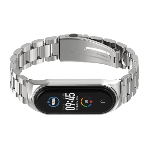 Xiaomi Mi Band 6 5 4 3 Uyumlu Mijobs CS Metal Üç Boncuklu Paslanmaz Çelik Saat Kayışı Gümüş - 2