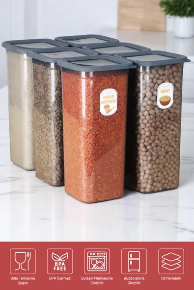 İronika 6'lı Sızdırmaz Silikon Kapaklı Etiketli Jumbo Boy 1900 ml Kare Erzak Bakliyat Saklama Kabı Antrasit - 4