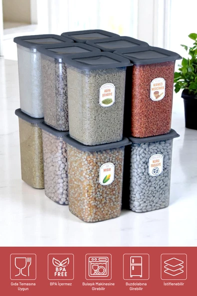 İronika 12'li Sızdırmaz Silikon Kapaklı Etiketli 1300 ml Kare Erzak Bakliyat Saklama Kabı Antrasit - 4