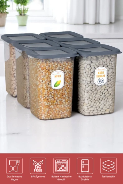 İronika 6'lı Sızdırmaz Silikon Kapaklı Etiketli 1300 ml Kare Erzak Bakliyat Saklama Kabı Antrasit - 4